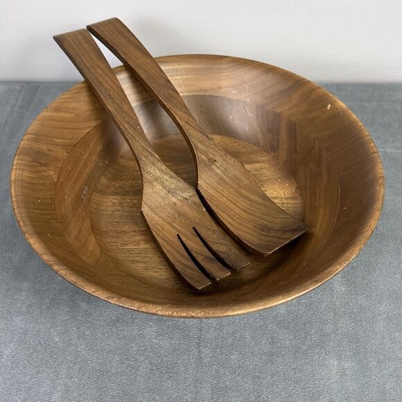 Vintage Kustom Kraft Solid Black Walnut Bowl Serving Utensils MCM Mid Century - Picture 1 of 12